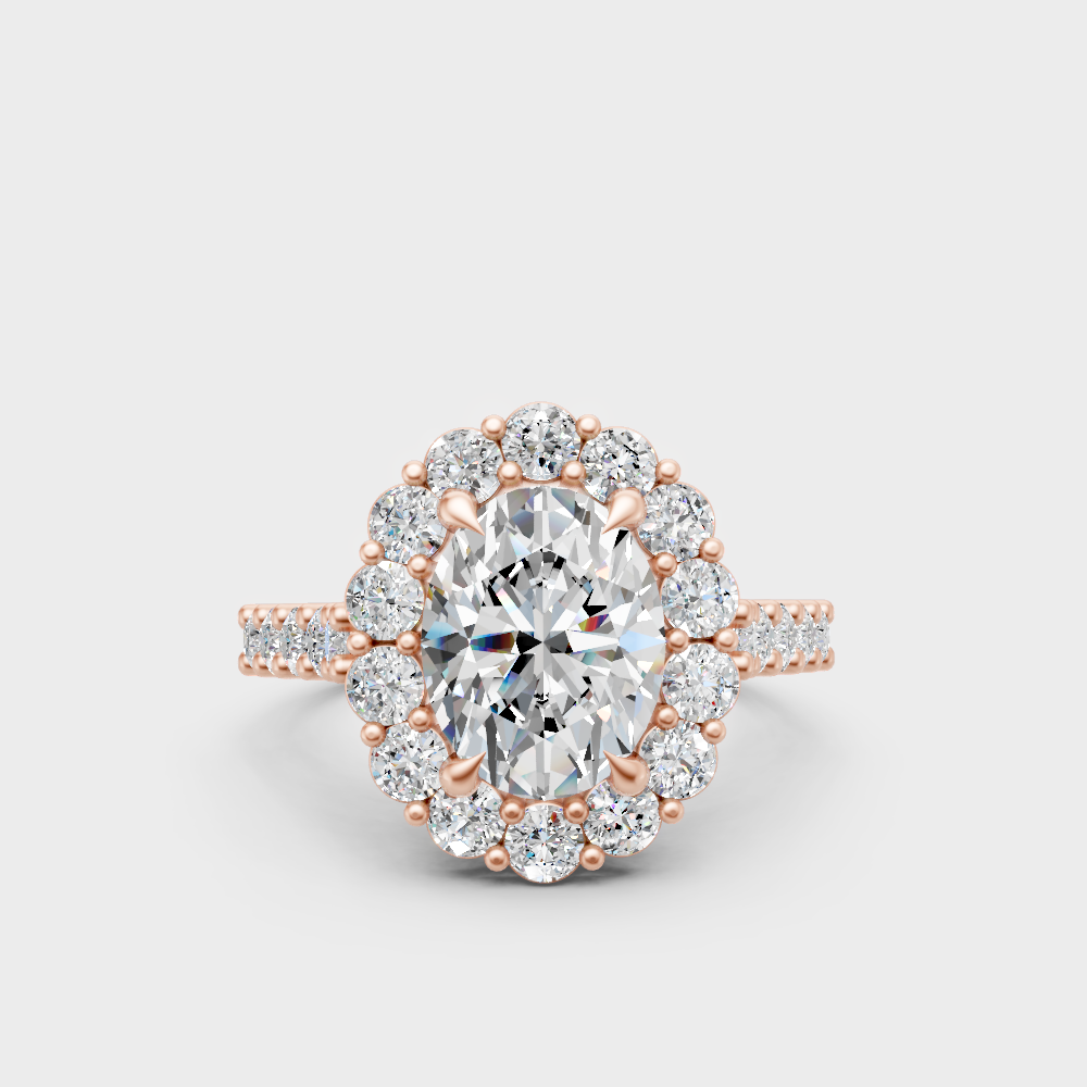 Romantic rose gold engagement ring with oval and round-cut lab-grown diamonds